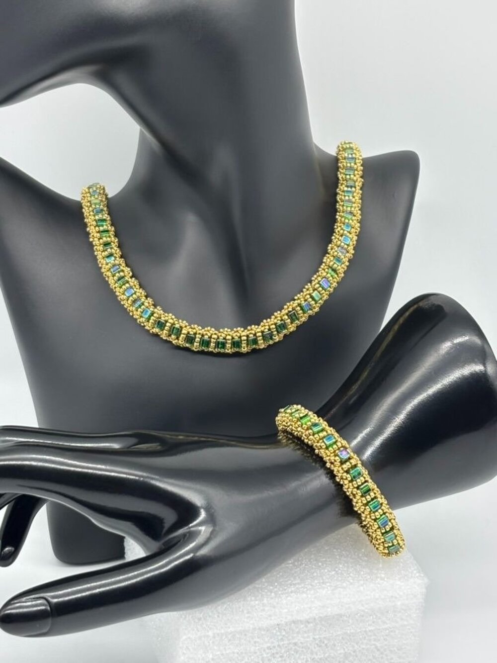 Artisan-Made Necklace Bracelet Set Gold-Tone Seed Beads W/Green Glass Cube Beads
